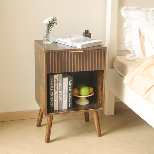 Fultyle Mid Century Modern Nightstand with Charging Station, Modern Bedside Table with Fluted Drawer and Storage Shelf, End Side Tables Living Room for Bedroom, Office (Rustic Brwon) - color: Rustic Brown With Charging Station