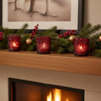 6 Pack Patented Sun Moon Star Embossed Glass Tea Light Candle Holders - Unique Votive Candle Holders for Wedding, Party, and Table Centerpieces (Wildberry Red) - color: Wildberry Red