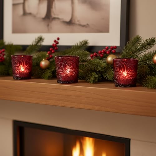 6 Pack Patented Sun Moon Star Embossed Glass Tea Light Candle Holders - Unique Votive Candle Holders for Wedding, Party, and Table Centerpieces (Wildberry Red) - color: Wildberry Red