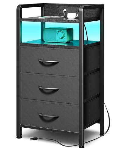 Lazzanto Night Stand Bedside Charger Bedroom - Nightstand with Charging Station & LED Light Strip, Night Stand with Storage Shelf & 3 Fabric Drawers, Morden End Table with U-S-B Ports & AC Outlets - color: Black, size: 3 Drawers