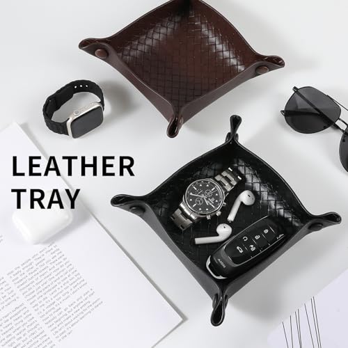 KINIVA 2 Pack PU Leather Jewelry Valet Tray for Men Women,Small Key Bowl for Entryway Table,Portable Travel Catchall Dice Tray (Square-Black-2pcs) - style: Square-Black-2pcs