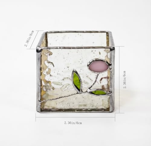 Handmade Windproof Stained Glass Cube Candle Holder - 5-Sided Floral & Leaf Design for Altar, Prayer, Windowsill - Sacred Gift for Christians, Mom, Christmas & Easter (Flower) - color: Flower
