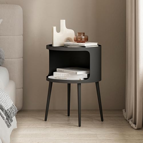 Modern Side Table,Round end Table with Open Storage,Metal nightstand,Bedside Table for Living Room,Bedroom - color: Black-round