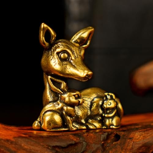 Retro Solid Brass Animal Sculpture Set - Seated Deer with Rabbit & Squirrel, Vintage Desktop Decor, Office Desk Art, Home Collectible, Gift for Nature Lovers (100% Handcrafted, Heavy Duty, 1.59 oz) - style: Deer Rabbit Squirrel