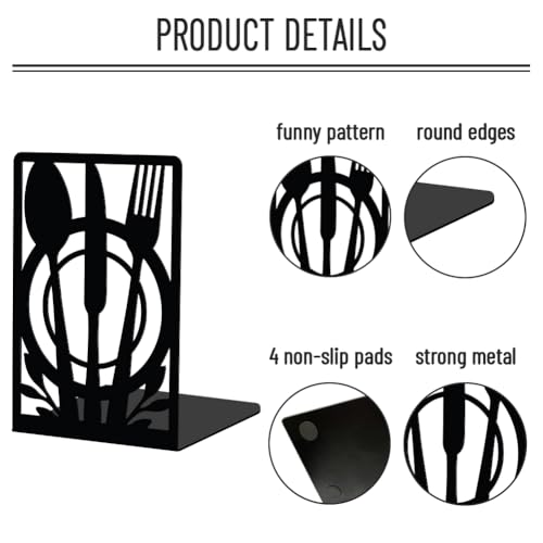WADORN Kitchen Metal Decorative Bookend for Shelves 1 Pair, Heavy Duty Book Ends Non-Skid Books Holder Stand Black Book Support Stoppers for Cookbooks Desk Bookshelf Office Home, 5.3x4.3x7.9 Inch - color: Cutlery