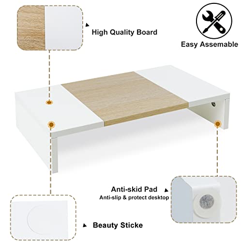 TEAMIX 20 Inch Monitor Stand Riser, Wooden Desktop Riser for TV/PC/Laptop/Printer, Cozy Monitor Riser with Storage, Laptop Shelf for Home Office - color: White+Maple, size: 20 inch