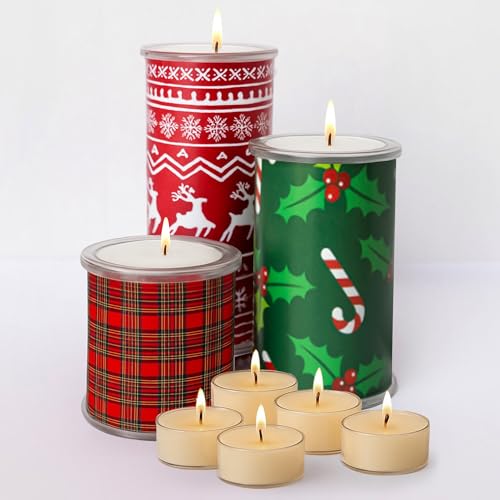 Decorative Candle Holder Set of 3 Home Decor, Reusable Interchangeable Pillar Candle System Decorative Wraps, Refillable Tea Light Centerpiece Candles for Holiday Decor, Table Styling & Gift Giving - color: Merry Christmas