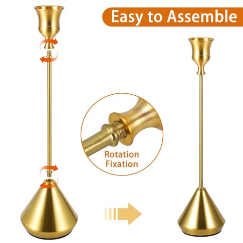 Elegant Vintage Brass Gold Candlestick Holders, Set of 3 Taper Candle Holders with Weighted Base for Wedding, Dining Table, Holiday Decor - color: Brass Gold