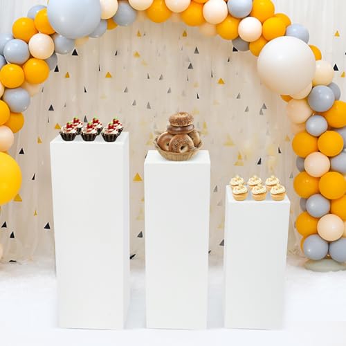 3PCs Square Pedestal Stand for Party, White Metal Cylinder Pedestal Stands, Sculpture Display Column Decoration Cube for Wedding Event Decoration