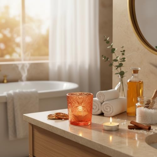 12 Pack Mandala Embossed Glass Candle Holders – Votive Tealight Holders with Patent Design, Decorative Embossed Glass Cups for Wedding Centerpieces, Parties, and Home Décor (Pumpkin Spice) - color: Pumpkin Spice