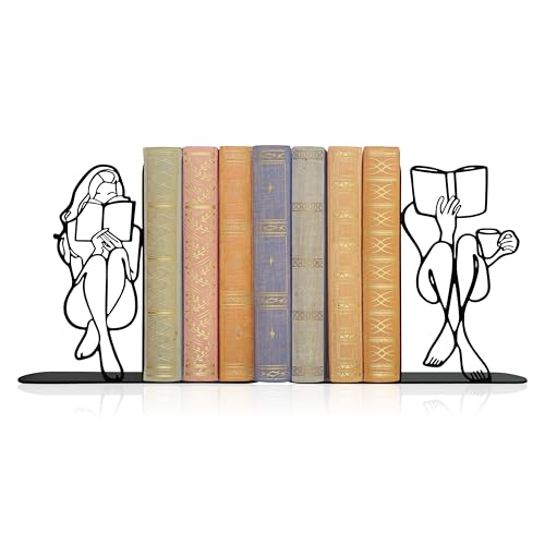 Reading Bookends Decorative for Shelves - Girl Reading Statue Bookends, Metal Black Book Ends Decor for Heavy Books, Novelty Bookish Decor for Home Library, Book Lovers Gift for Women & Students