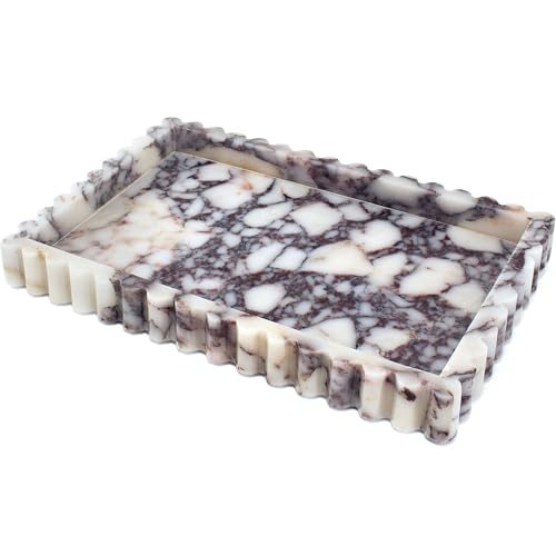 YMXYJM Natural Marble Tray for Bathroom, Real Stone Decorative Vanity Tray with Fluted Edge, Large Marble Serving Storage Tray for Kitchen Counter, Dresser, Home Decor, 11.8" x 8", Calacatta Viola - color: Calacatta Viola Purple