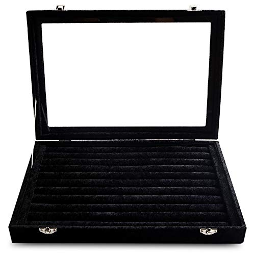 Frebeauty Rings/Earrings Organizer Tray with Clear Lid 10 Slots Velvet Drawer Insert Jewelry Storage box with Transparent Glass lid Jewelry Display Case Showcase Gift for Girls Women (Black, 10 Slots) - color: Black, size: 10 Slots