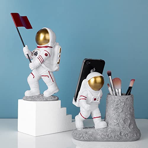 BUTILIVEEN Astronaut Pen Pencil Holder with Phone Stand, Resin Spaceman Pen Container Cell Phone Stand for home Office Desktop Decoration, Gifts for Space Lovers, Gifts for Christmas - style: Phone Pen Holder