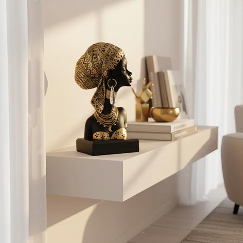Lescafita African Lady Bust Sculpture with Golden Headwrap – Resin Figurine with Earrings and Necklace, Modern African Woman Statue for Home Decor and Cultural Gift - color: 317-gold