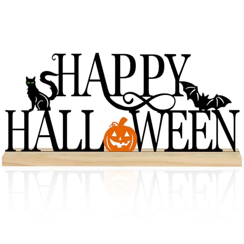 COCHIE Metal Happy Halloween Sign, Black Halloween Decorations for Home, Office, Shelf, Mantel, Indoor, Jack-o-lantern Decoration, Spooky Cat Bat Decor (Halloween) - style: Halloween
