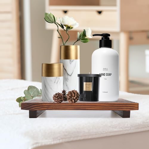 Renawe Farmhouse Bathroom Counter Tray Wood Display Pedesta Stand Kitchen Countertop Trays Decorative Wooden Riser Dish Soap Dispenser Holder for Bathroom Sink Accessories Kitchen Decor Vanity Tray - color: Brown, size: 12x6.7 inch