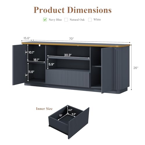 QUW 70" Fluted TV Stand for TVs Up to 80", Modern Entertainment Center with 2 Drawers & Cabinets, TV Console with Curved Profile Design, Luxury Wooden Media Console for Living Room, Navy Blue - color: Navy Blue