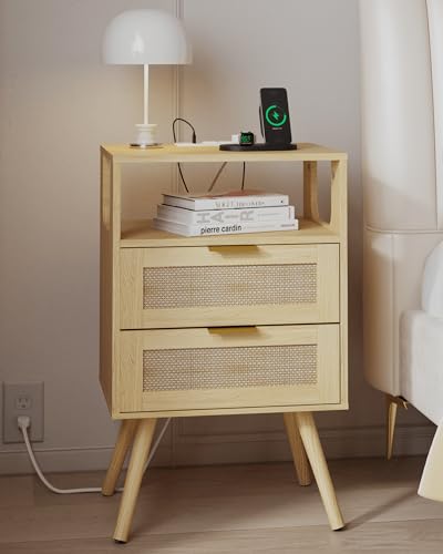 JOONEE Rattan Nightstand with Charging Station,Farmhouse Bedside Table with 2 Storage Drawer and Open Wood Shelf, for Bedroom and Small Spaces,Night Stand with Solid Wood Legs (Yellow Oak-Outlet) - color: Yellow Oak-outlet