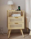 JOONEE Rattan Nightstand with Charging Station,Farmhouse Bedside Table with 2 Storage Drawer and Open Wood Shelf, for Bedroom and Small Spaces,Night Stand with Solid Wood Legs (Yellow Oak-Outlet) - color: Yellow Oak-outlet