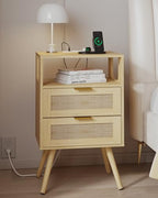 JOONEE Rattan Nightstand with Charging Station,Farmhouse Bedside Table with 2 Storage Drawer and Open Wood Shelf, for Bedroom and Small Spaces,Night Stand with Solid Wood Legs (Yellow Oak-Outlet) - color: Yellow Oak-outlet