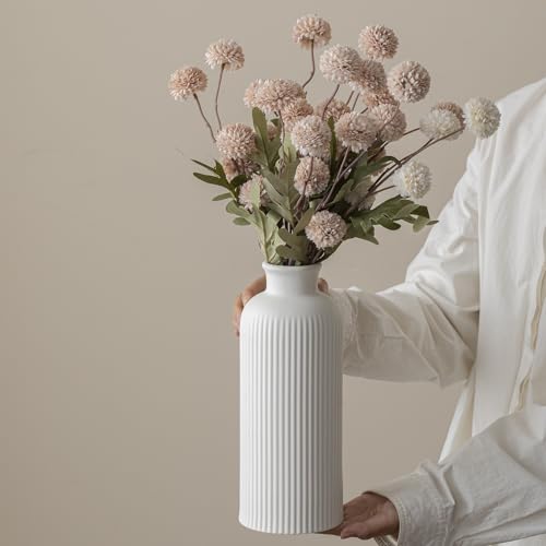 Natural White Ribbed Ceramic Vase for Flowers, Modern Textured Decorative Vase, 10 Inch Tall, 3.94 Inch Width, Farmhouse Style Home Decor (Bisque White) - color: Bisque White