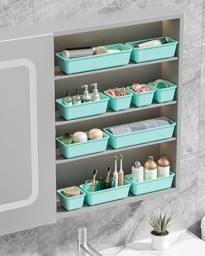 Canfanni 13 Pack Plastic Drawer Organizers Set, 3 Sizes Desk Drawer Organizer Trays for Vanity and Makeup Organizer, Organization and Storage for Makeup, Kitchen Utensils, Bathroom and Office(Blue) - color: Blue