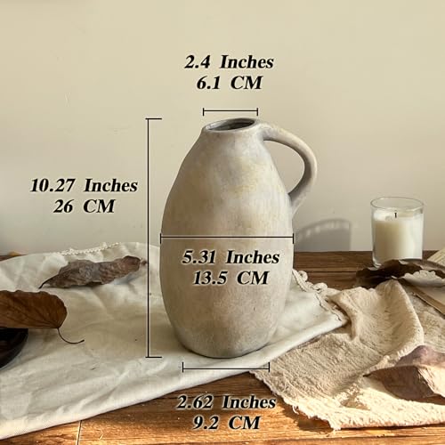 10.3 Inch Rustic Ceramic Handmade Pottery Vase with Handle, White Grey Vintage Farmhouse Vase for Home Decor, Farmhouse Flower Vase for Living Room, Kitchen, Thanksgiving Centerpiece - color: White Gray