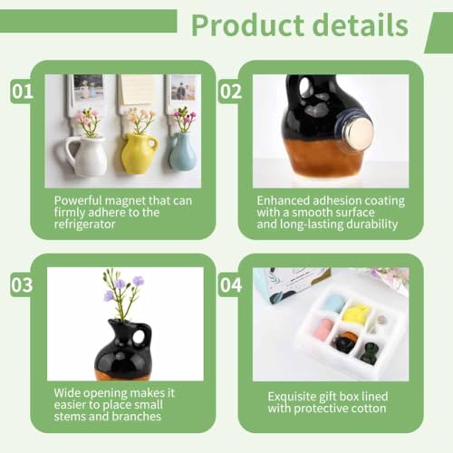 6 Packs Mini Ceramic Vase Magnets for Fridge, Fingertip Vase, Cute Tiny Plant Vase Fridge Magnets for Kitchen Refrigerator Office Locker Decoration with 6 Fake Flowers
