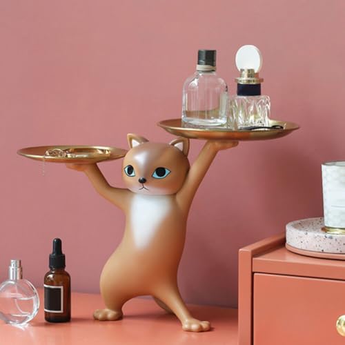 Surakey Resin Cartoon Cat Sculpture with Metal Tray Animal Statue Figurine Storage Tray Key Tray Sundries Candy Container Nut Tray Double Tray for Home Desk Decor Gift (Gray)