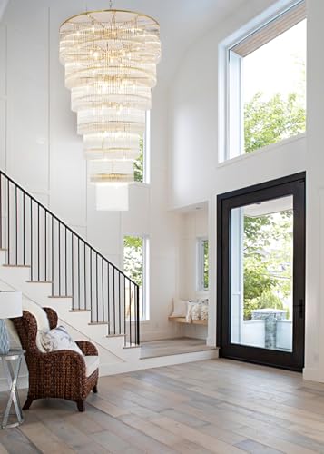Extra Large Long Brass Chandelier for High Ceiling H68 Modern 7 Tiers Glass Staircase Chandelier Foyer Entryway Lighting Pendant Light Fixture for Grand Living Room Stairway Hall - size: XL Brass (39" x 68")