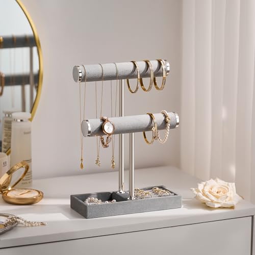 bussdis 2 Tier Bracelet Holder Display - Detachable T Bar Grey Velvet Bracelet Holder, Jewelry Holder Organizer for Bracelet, Necklace, Earrings, Rings - color: Grey