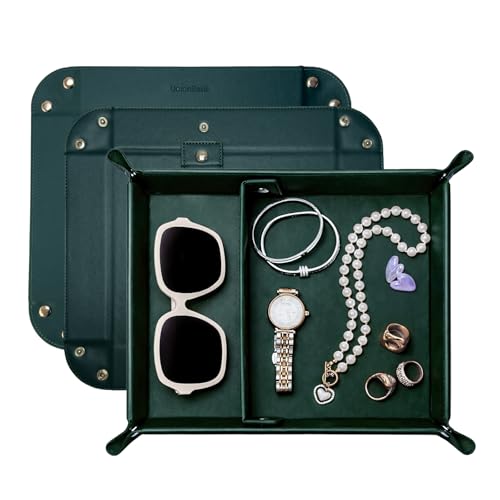 UnionBasic Medium Valet Tray, Jewelry Tray for Rings Watches Earrings, Entryway Catchall Caddy for Coins Keys Change, Nightstand Bedside Valet Holder, Trays for Electronic Gadgets, Vintage Green Plus - color: Blackish Green, size: 9.5" x 7.9" x 2"