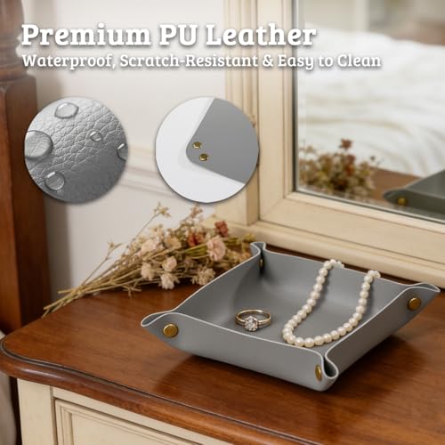 3 PACK PU Leather Jewelry Valet Tray Organizer, Foldable & Portable Catch All Bowl for Entryway Table, Nightstand, Desk & Travel | Storage Dish for Keys, Watch, Coin, Glasses (Grey) - color: Grey