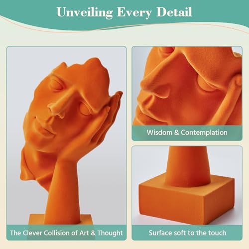 Velvet Flocked Thinker Sculpture for Bookshelf Decor, Hear No Evil Flocked Emotional Art Figurine Modern Abstract Art Statue Spring Decor for Home, Office, Desk Decor (Orange) - color: Nohear-orange