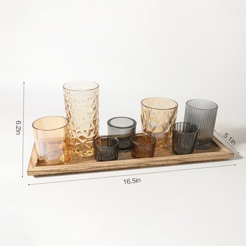 Rustic Wooden Tray with 8 Brown Glass Votive Candle Holders, Decorative Tea Light Holder Set for Mantel, Centerpiece, Dining Table Centerpiece Set, and Home Decor(Set of 8 Pieces) - color: Brown
