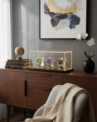 Acrylic Watch Display Case for 3 Watches, Premium 3mm Thick Dustproof Collector's Box with Solid Wood LED Light Base, USB Powered Watch Holder Organizer Stand - size: Display Case (LED) For 3 Watch