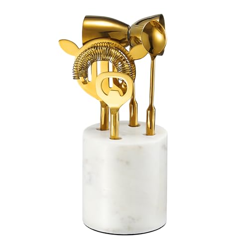 5-Piece Gold & Marble Bartender Kit with Stand, Stainless Steel Bar Tool Set, Includes Jigger, Strainer, Spoon, Bottle Opener Luxury Home Bar Cart Accessories, Luxury Cocktail Decor & Mixer Gift Set - color: Gold