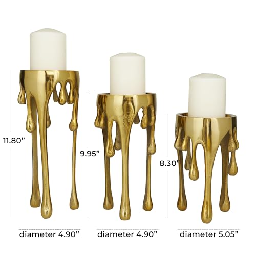 CosmoLiving by Cosmopolitan Aluminum Metal Abstract Decorative Candle Holder Melting Drip Candle Stand, Set of 3 Candlestick Holder 12", 10", 8"H, Gold - color: Gold