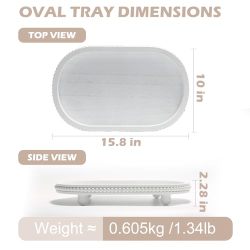 SYNCVIBE Wooden Decorative Tray for Home Decor, Beaded White Oval Tray Decor for Coffee Table, Rustic Wood Serving Trays Farmhouse Centerpieces for Living Room Kitchen Counter (White Oval) - color: White