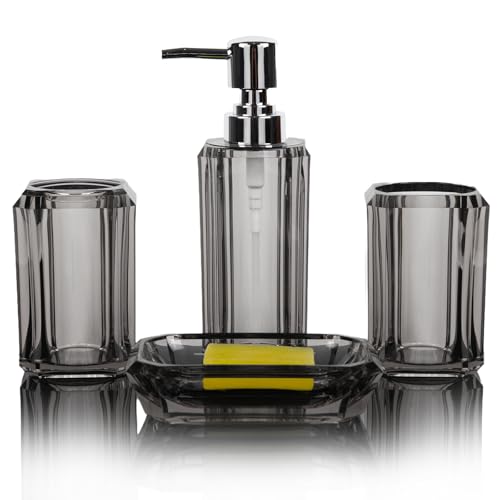 4-Piece Modern Gray Bathroom Accessories Set — Soap Dispenser, Soap Dish, Mouthwash Cup & Toothbrush Holder, Glossy Acrylic with Gray Finish, Vanity Countertop Organizer - color: Gray