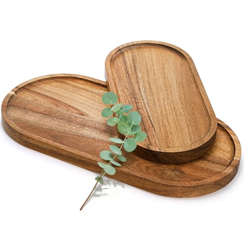 Elsjoy Set of 2 Acacia Wood Serving Trays, Long Wooden Serving Platter Oval Charcuterie Board Set for Home Decor, Fruit, Cheese, 𝟏𝟒" 𝐱𝟕" 𝐚𝐧𝐝 𝟏𝟏" 𝐱𝟓.𝟓"