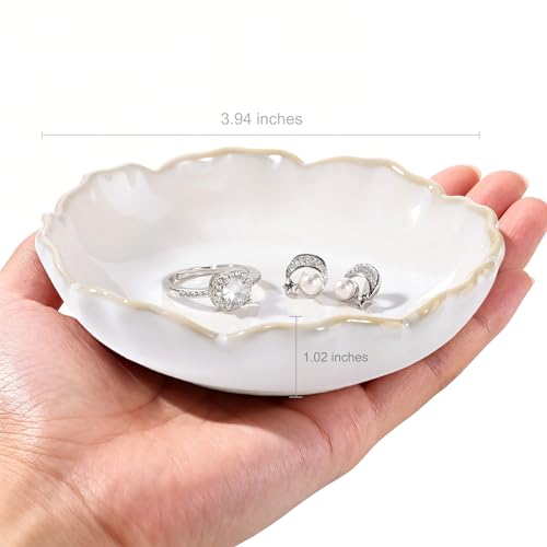 HOME SMILE Ring Jewelry Dish Pastel White Ruffled Ceramic|Trinket Tray for Earrings, Necklaces|Mothers Day Birthday Friendship Gifts for Women|Vanity Organizer & Bathroom Decor - color: White
