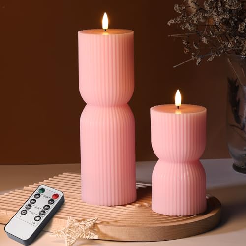 Pink Ribbed Flameless Pillar Candles with Remote, Flickering LED Candles Battery Operated Real Wax Set of 2 - color: Pink