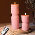 Pink Ribbed Flameless Pillar Candles with Remote, Flickering LED Candles Battery Operated Real Wax Set of 2 - color: Pink