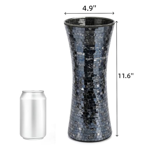 Cididu Mosaic Flower Vase, 11.6 inch Glass Black Vases for Centerpieces, Handmade Modern Decorative Tall Vase, Glitter Mosaic Vases for Home Decor Wedding Flower Arrangeme Birthday