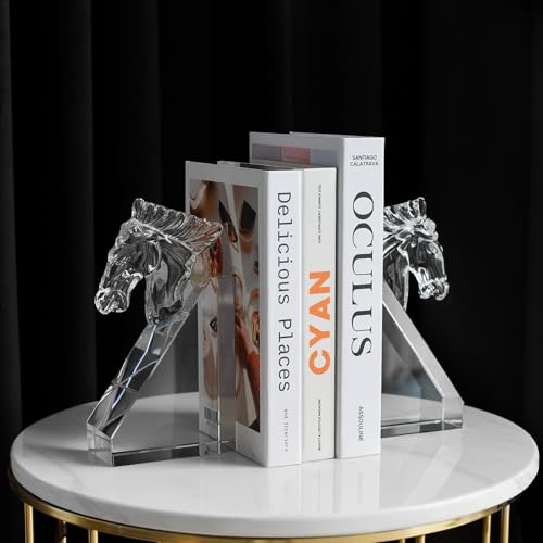 1 Pair Crystal Horse Head Bookends, Non-Skid Sturdy Book Ends, Home Office Decor, for Desktop Office Bookshelves,Book Ends for Shelves