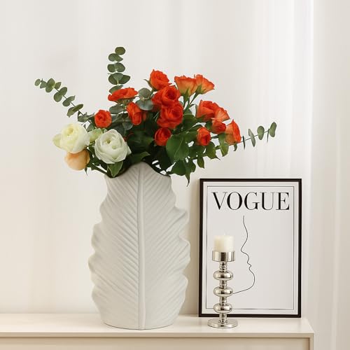 White Matte Ceramic Leaf-Shaped Vase – BEAHOT Modern Minimalist Decorative Flower Vase with Embossed Leaf Texture for Table Centerpiece, Home & Office Decor - color: White-leave