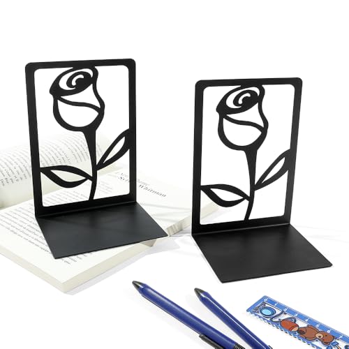 Creative Rose Flower Metal Bookends -Used for Heavy Book Organization, Black L Shaped Book Stand Holder for Home Office Desk, Creative Gift for Dads and Loved Ones (Rose Bookend) - color: Rose Bookend