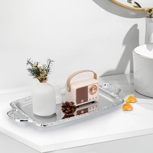 STOBAZA Silver Serving Tray, Metal Coffee Table Ottoman Tray with Handles, Rectangle Butler Plate for Breakfast in Bed, Table Decor - 15.3X9X0.67inch